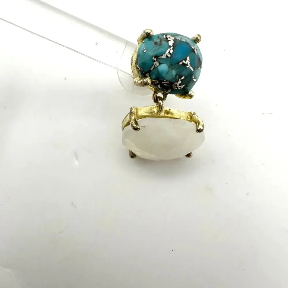 Made in India Stud Dangle Earring Blue white Faux Turquoise Opal Goldtone